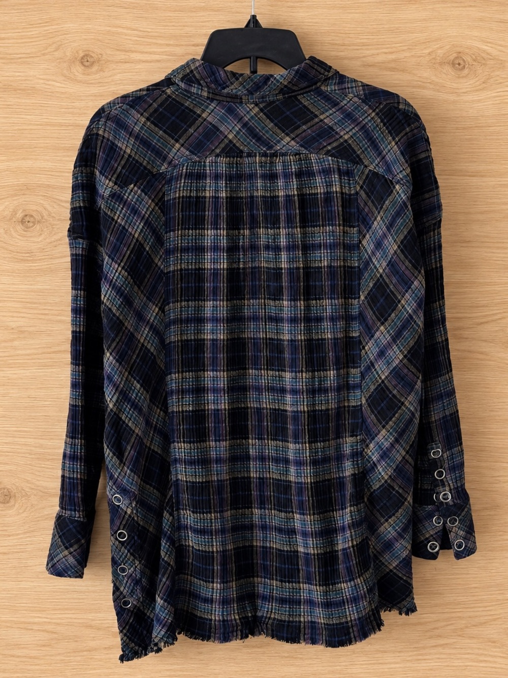 NWT Free People XS Plaid Flannel Blue Khaki Purple Button Front 100% Cotton Boho - Picture 3 of 7